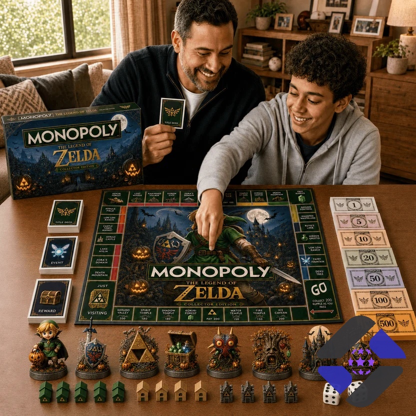 The Legend of Zelda Monopoly Board Game - close-up of game board, money, and pumpkins