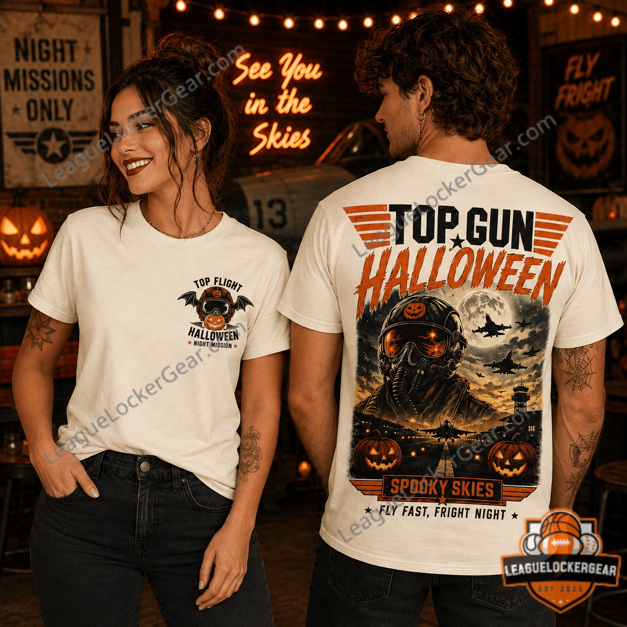 Top Gun Spooky Skies Halloween Night Mission T-Shirt - male and female models wearing the shirt