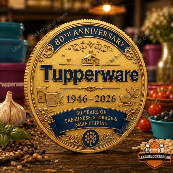 Tupperware 80th Anniversary 1946-2026 Commemorative Coin - close-up of the left coin's top half