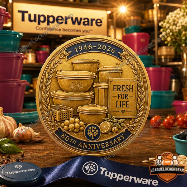 Tupperware 80th Anniversary 1946-2026 Commemorative Coin - close-up of the right coin's top half