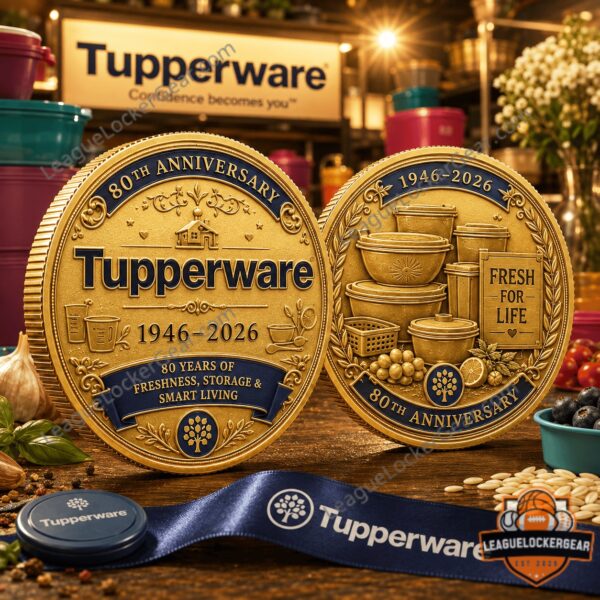 Tupperware 80th Anniversary 1946-2026 Commemorative Coin - pair of gold coins on a wooden table