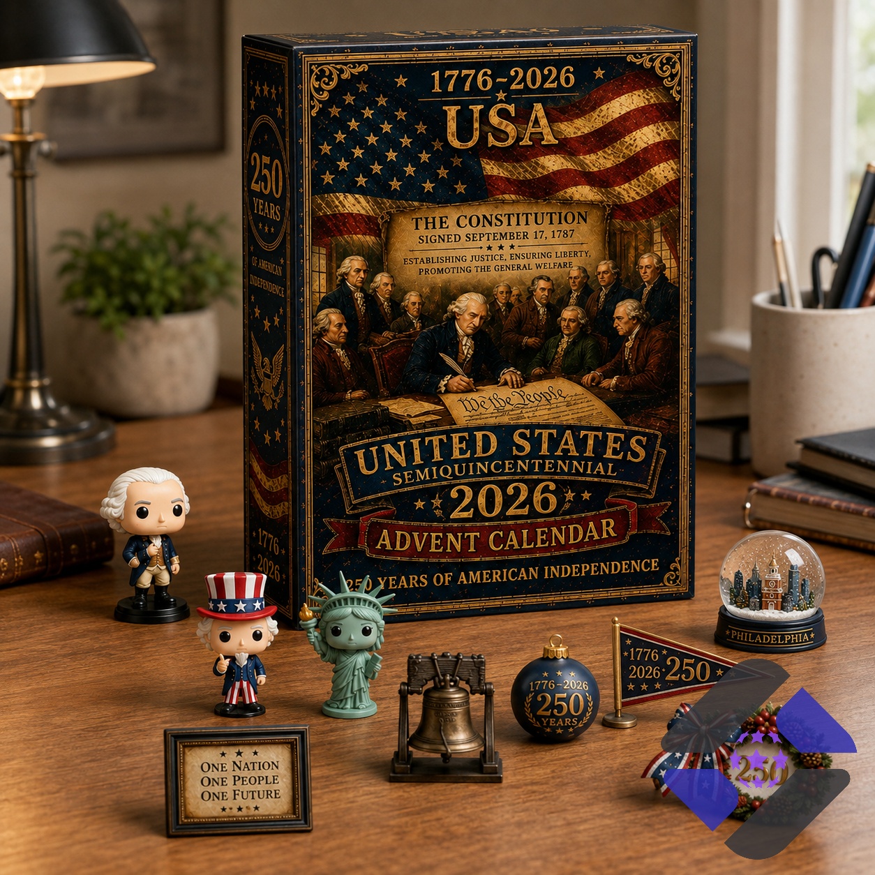 United States Semiquincentennial 2026 Advent Calendar - close-up of box, ring, cap, and football