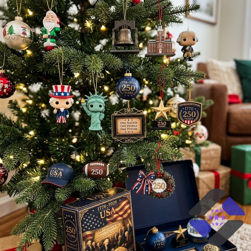 United States Semiquincentennial 2026 Advent Calendar - display of patriotic emblem, flag, and snow globe