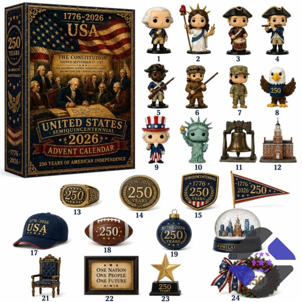 United States Semiquincentennial 2026 Advent Calendar - front view with box and top figures