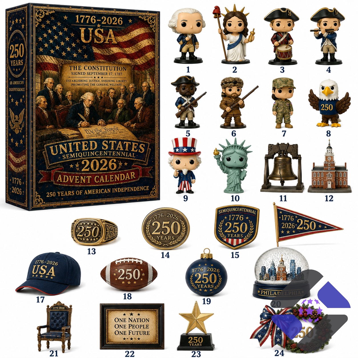 United States Semiquincentennial 2026 Advent Calendar - front view with box and top figures