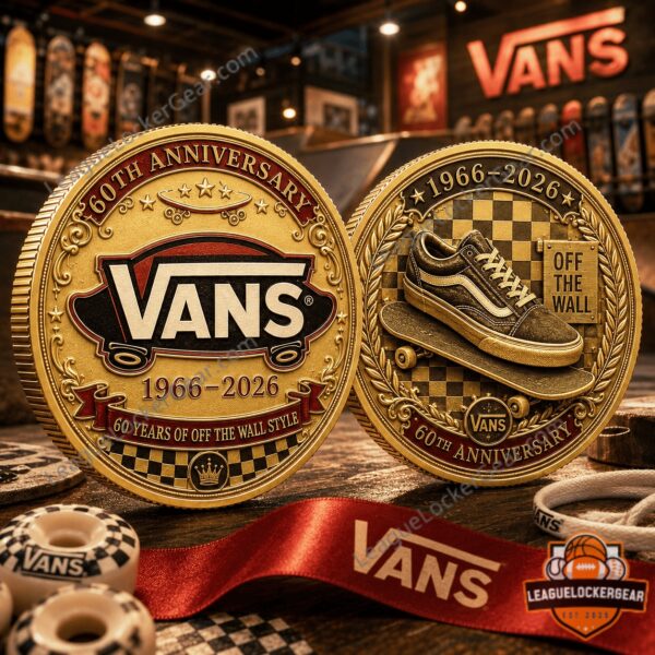 Vans 60th Anniversary 1966-2026 Off The Wall Style Gold Coin - front and back views displayed
