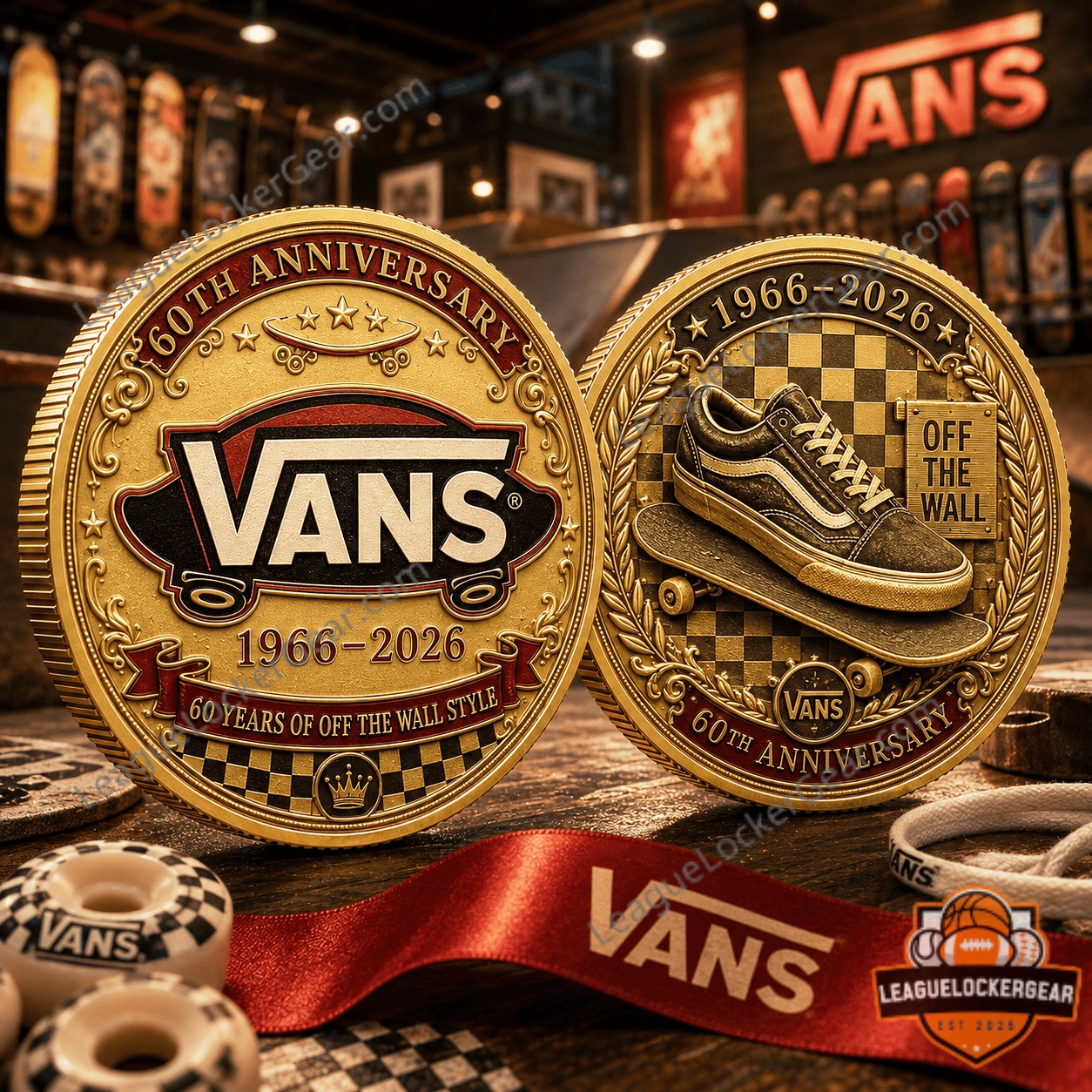 Vans 60th Anniversary 1966-2026 Off The Wall Style Gold Coin - front and back views displayed