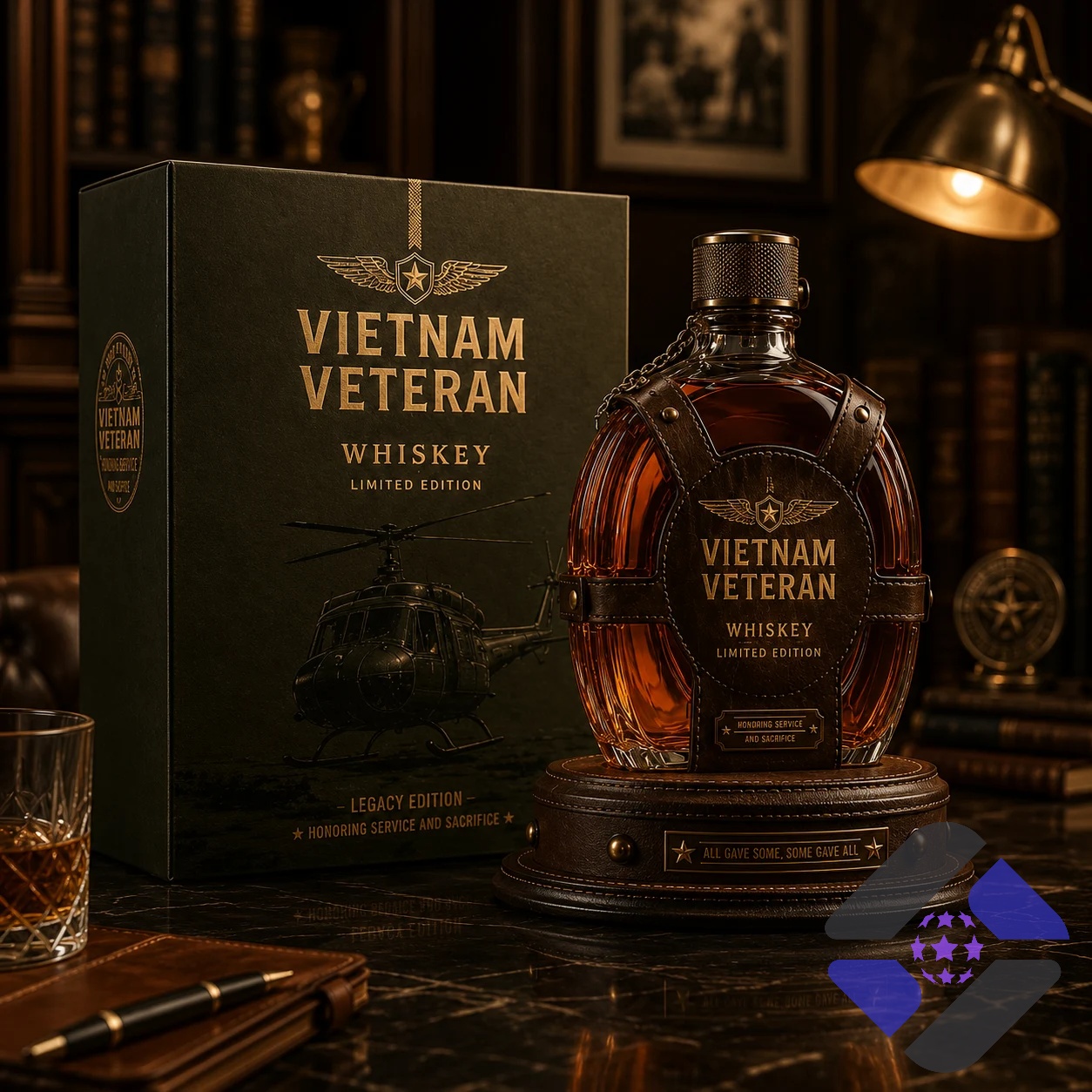 Vietnam Veteran Legacy Edition Limited Whiskey Decanter Bottle Honoring Service and Sacrifice – Photo 1 Vietnam Veteran Legacy Edition Whiskey Decanter Bottle with box and glass