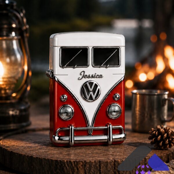 Volkswagen Camper Van Jessica Personalized Lighter Case - front view on wooden slab