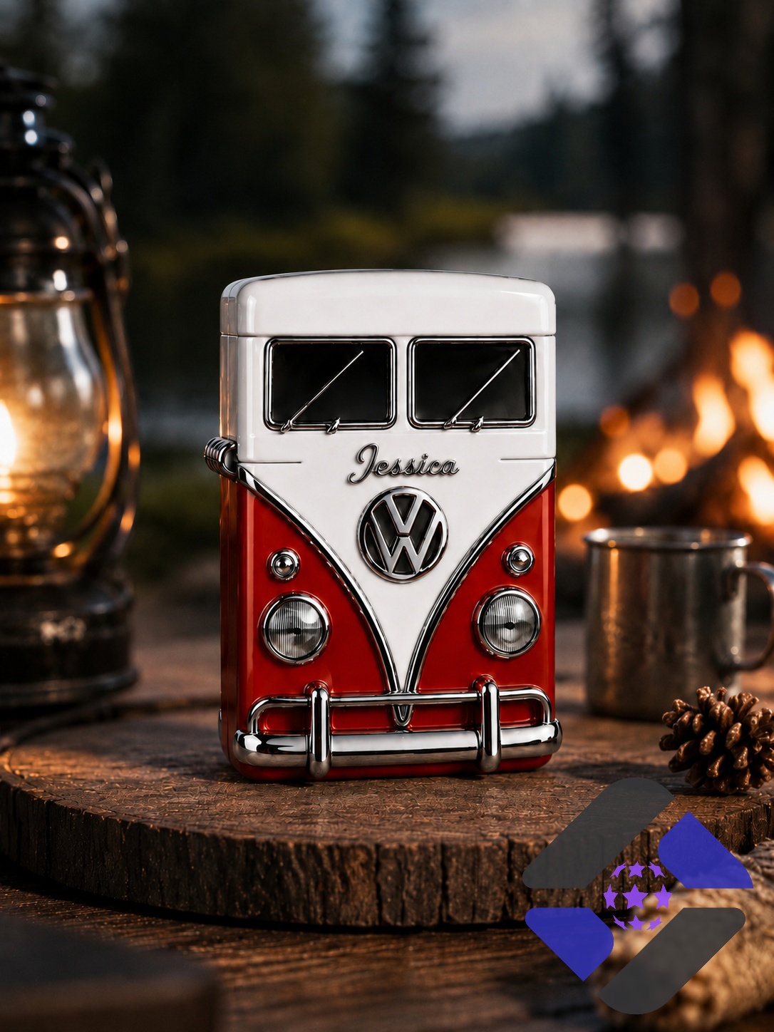 Volkswagen Camper Van Jessica Personalized Lighter Case - front view on wooden slab