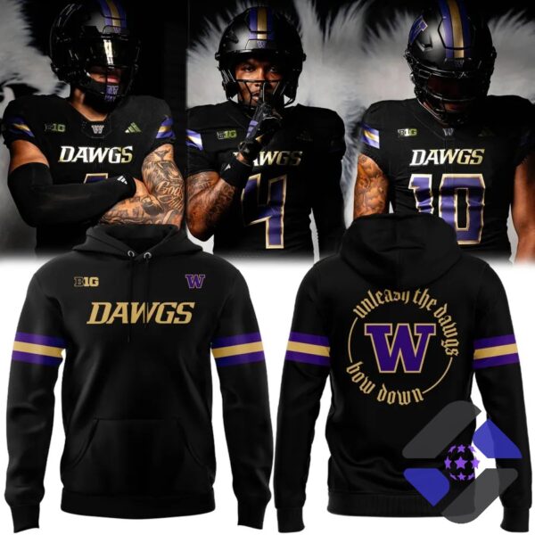 Washington Huskies Football Team Special 2026 Black Uniform Hoodie - front and back views with players in