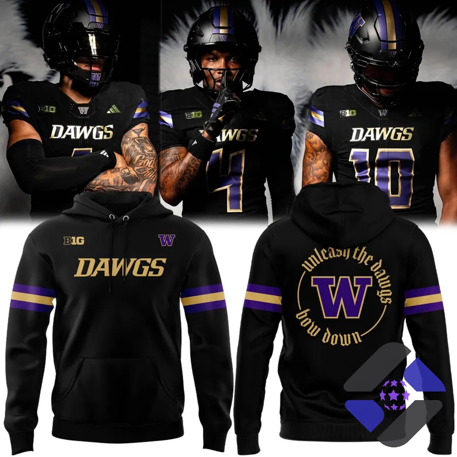 Washington Huskies Football Team Special 2026 Black Uniform Hoodie - front and back views with players in