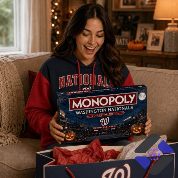 Close-up of Washington Nationals Halloween 2026 Monopoly Board Game box and cards