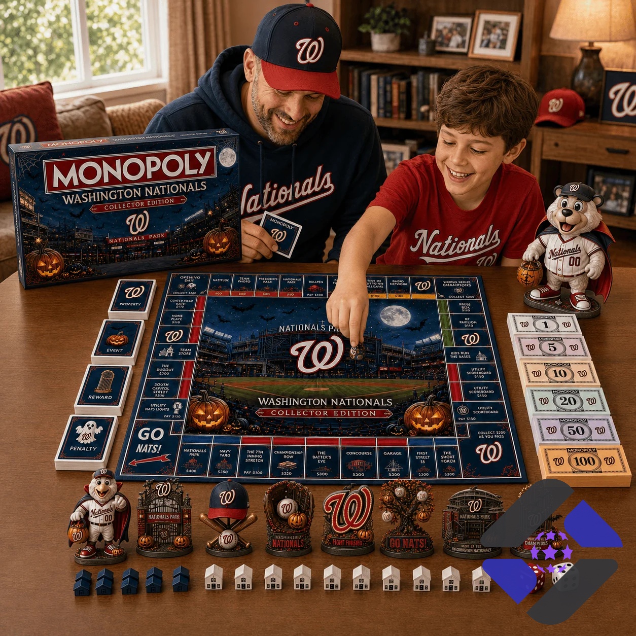 Washington Nationals Halloween 2026 Monopoly Board Game, money, and a matching cap