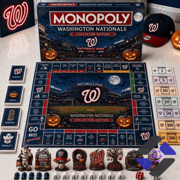 Washington Nationals Halloween 2026 Monopoly Board Game with all components displayed