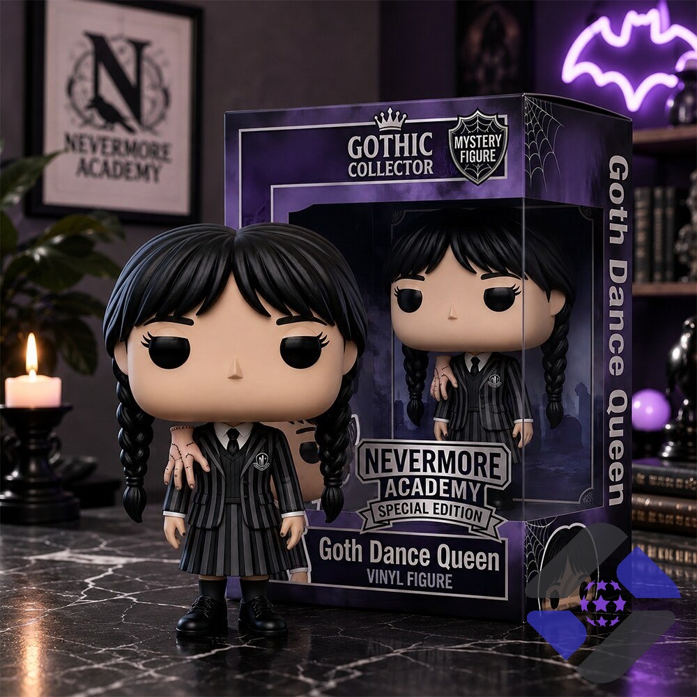 Close-up of Wednesday Addams Funko Pop figure's head and upper body