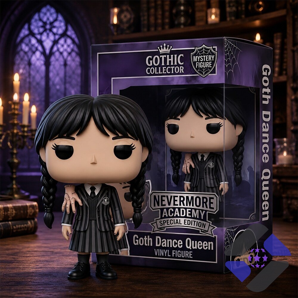Wednesday Addams Nevermore Academy Goth Dance Queen Funko Pop figure next to its collector box