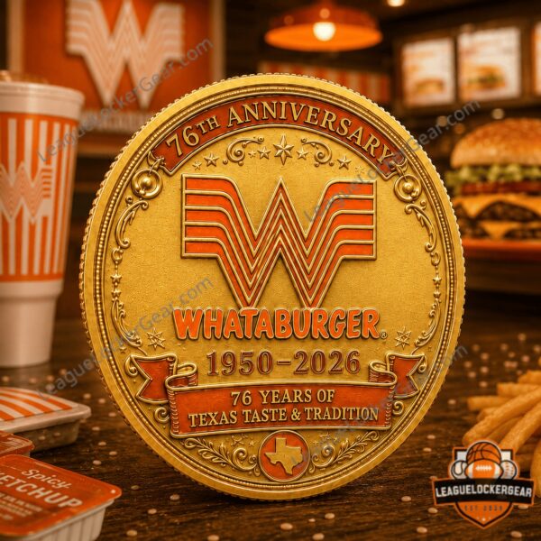 Whataburger 76th Anniversary 1950-2026 Vintage Gold Coin - close-up of the 'W' logo side