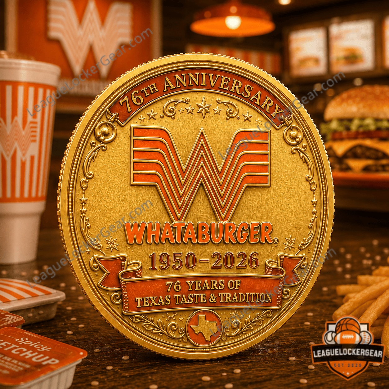 Whataburger 76th Anniversary 1950-2026 Vintage Gold Coin - close-up of the 'W' logo side