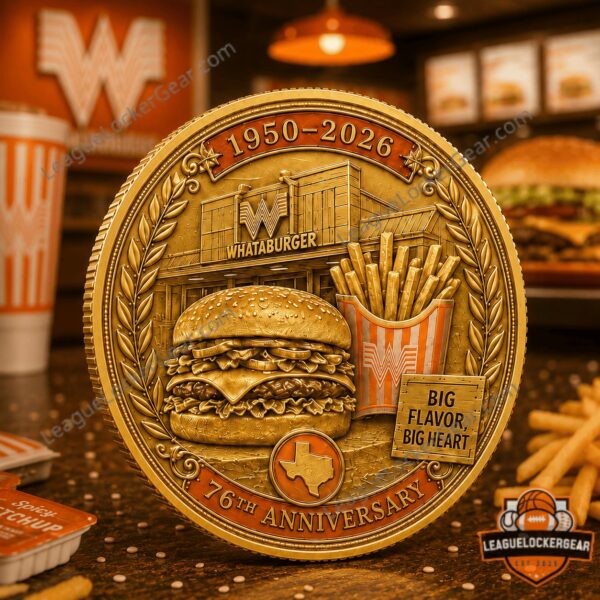 Whataburger 76th Anniversary 1950-2026 Vintage Gold Coin - close-up of the restaurant and burger side