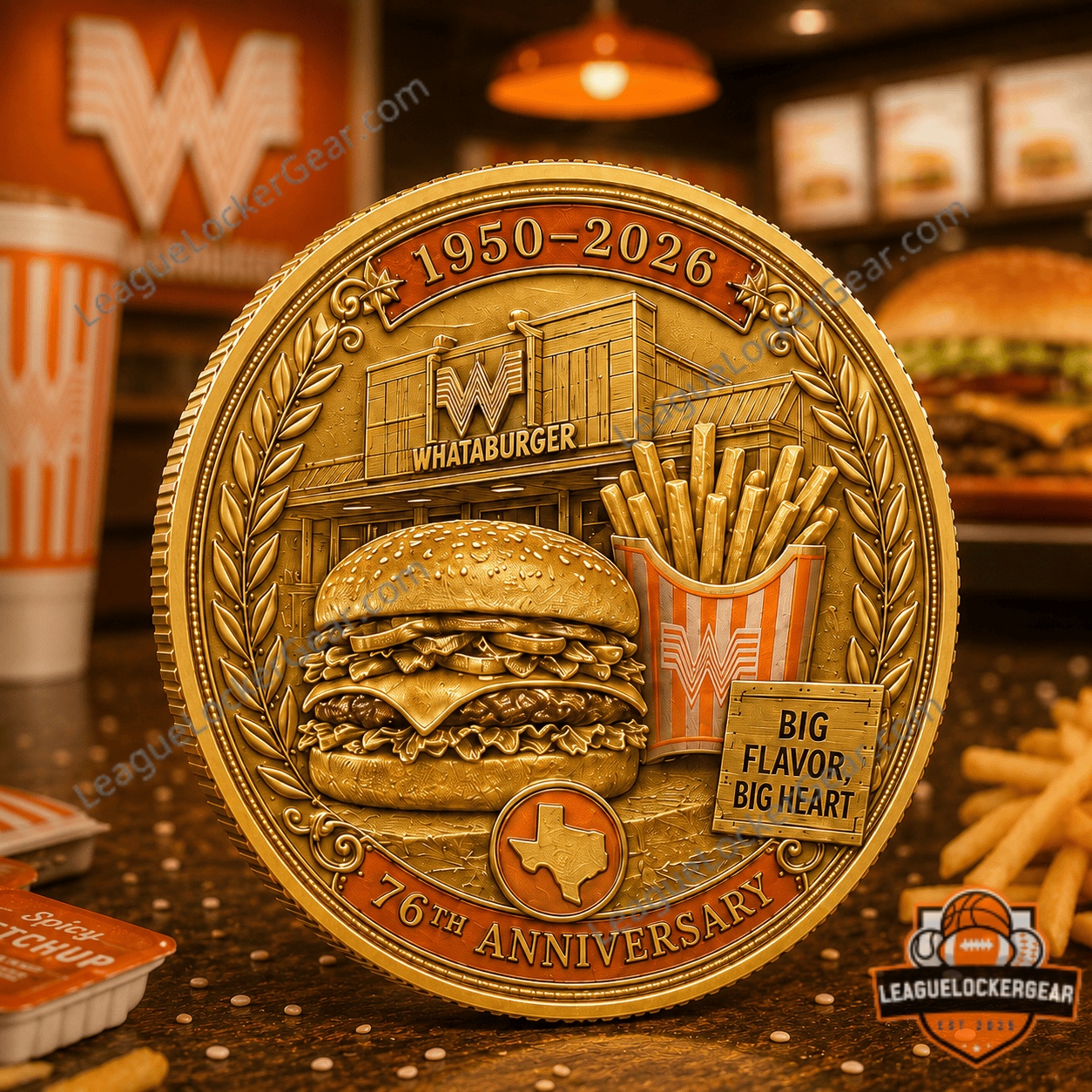 Whataburger 76th Anniversary 1950-2026 Vintage Gold Coin - close-up of the restaurant and burger side