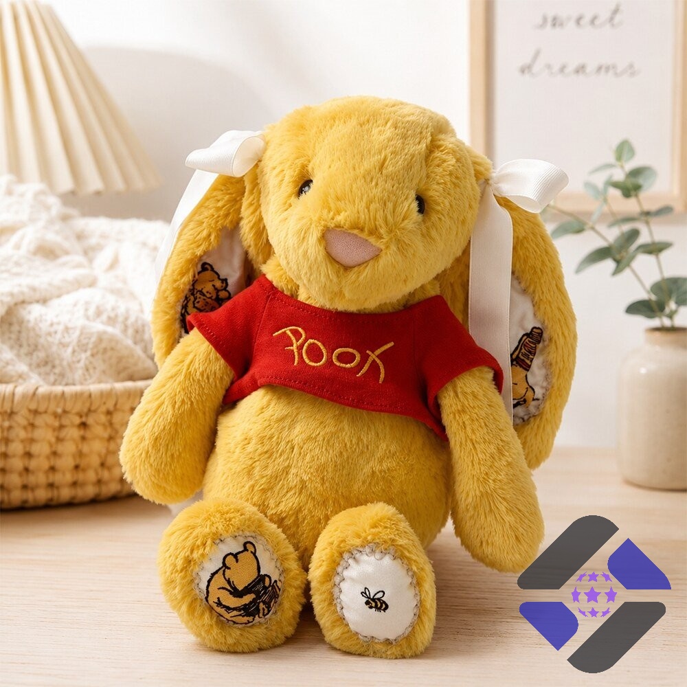 Winnie the Pooh Pooh Bear Embroidery Plush Toy – Front view sitting on a Winnie the Pooh Pooh Bear Embroidery Plush Toy - front view sitting on a wooden surface