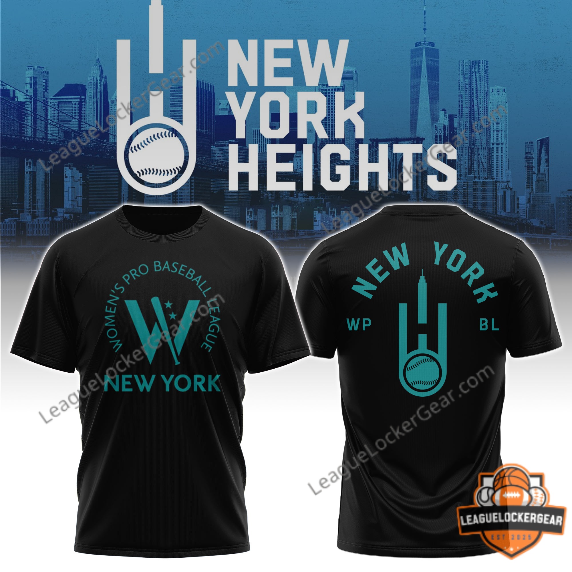 Women's Pro Baseball League New York Heights Baseball T-Shirt – Front and back view Women's Pro Baseball League New York Heights Baseball T-Shirt - front and back view
