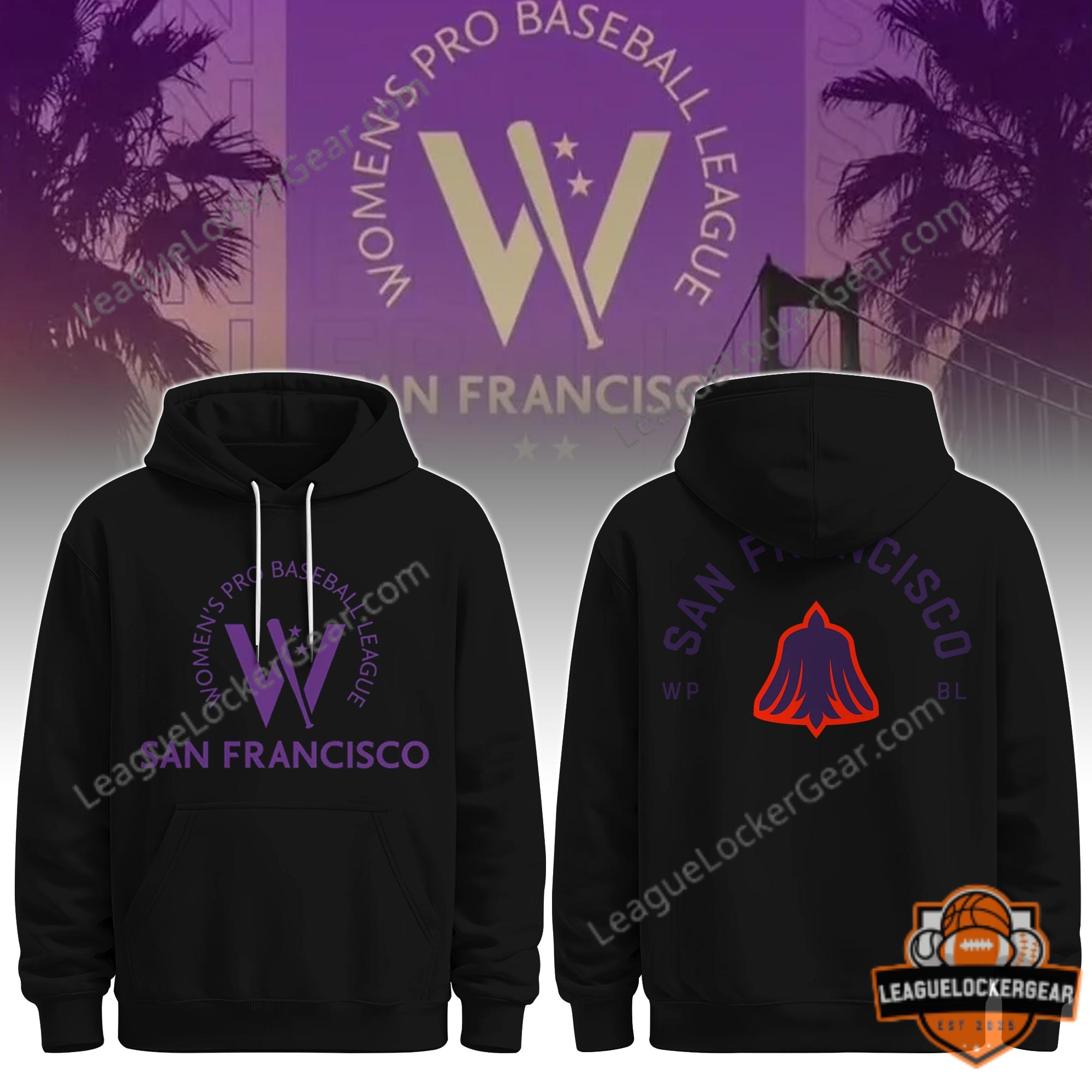 Women's Pro Baseball League San Francisco Logo Hoodie – Front and back views Women's Pro Baseball League San Francisco Logo Hoodie - front and back views